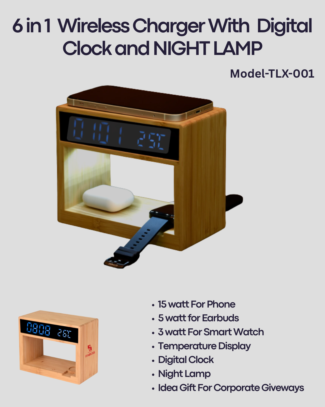 6 in 1 Wireless Charger With Digital Clock and Night Lamp TLX-001