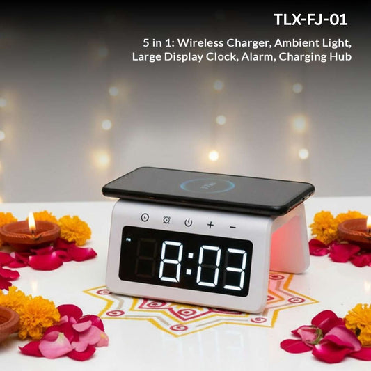 5 in 1: Wireless Charger, Ambient Light, Large Display Clock, Alarm, Charging Hub