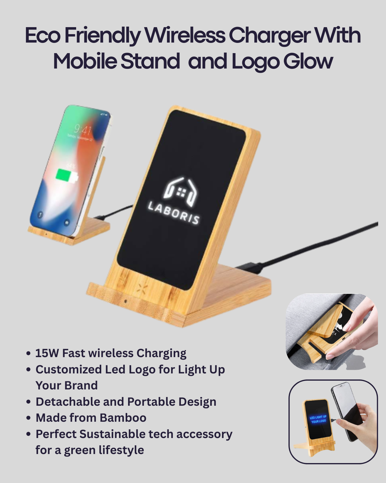 Eco Friendly Phone Stand With Wireless Charger With Glow Logo TLX-003