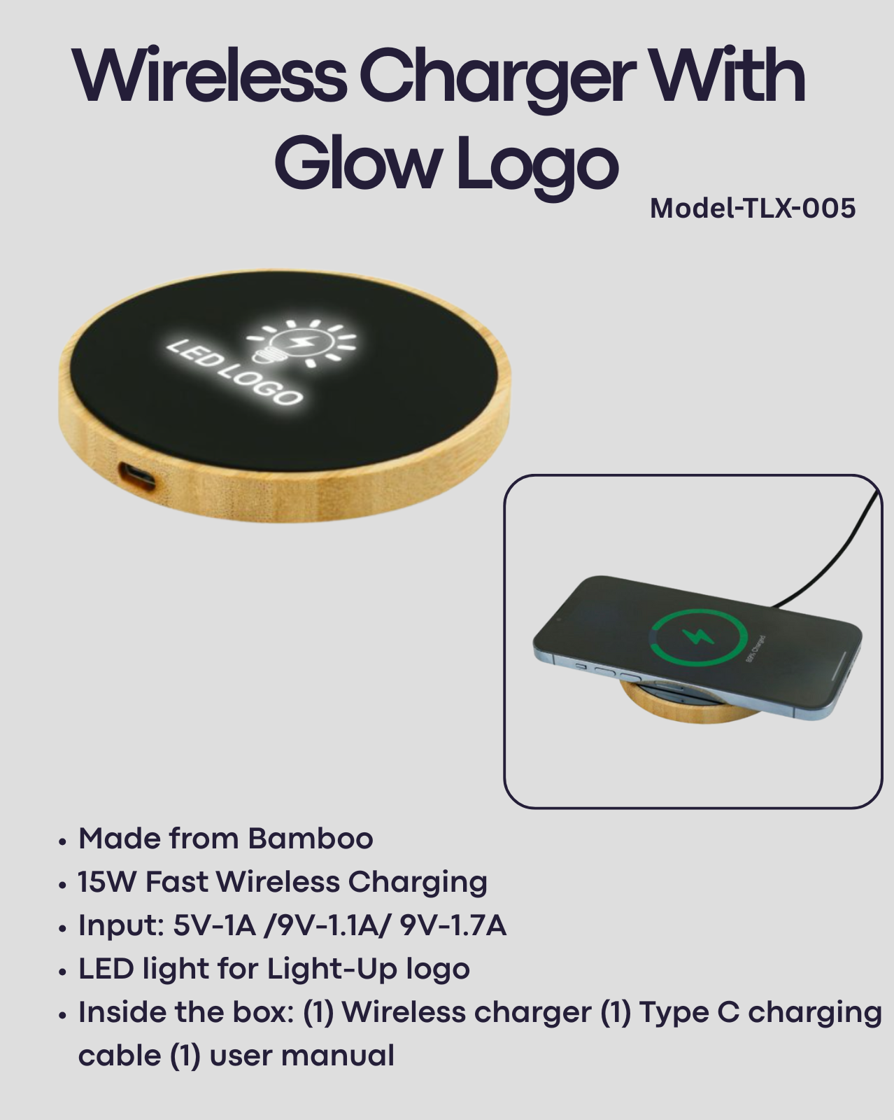 Bamboo Wireless With LED light up logo Tempered glass charger TLX-005