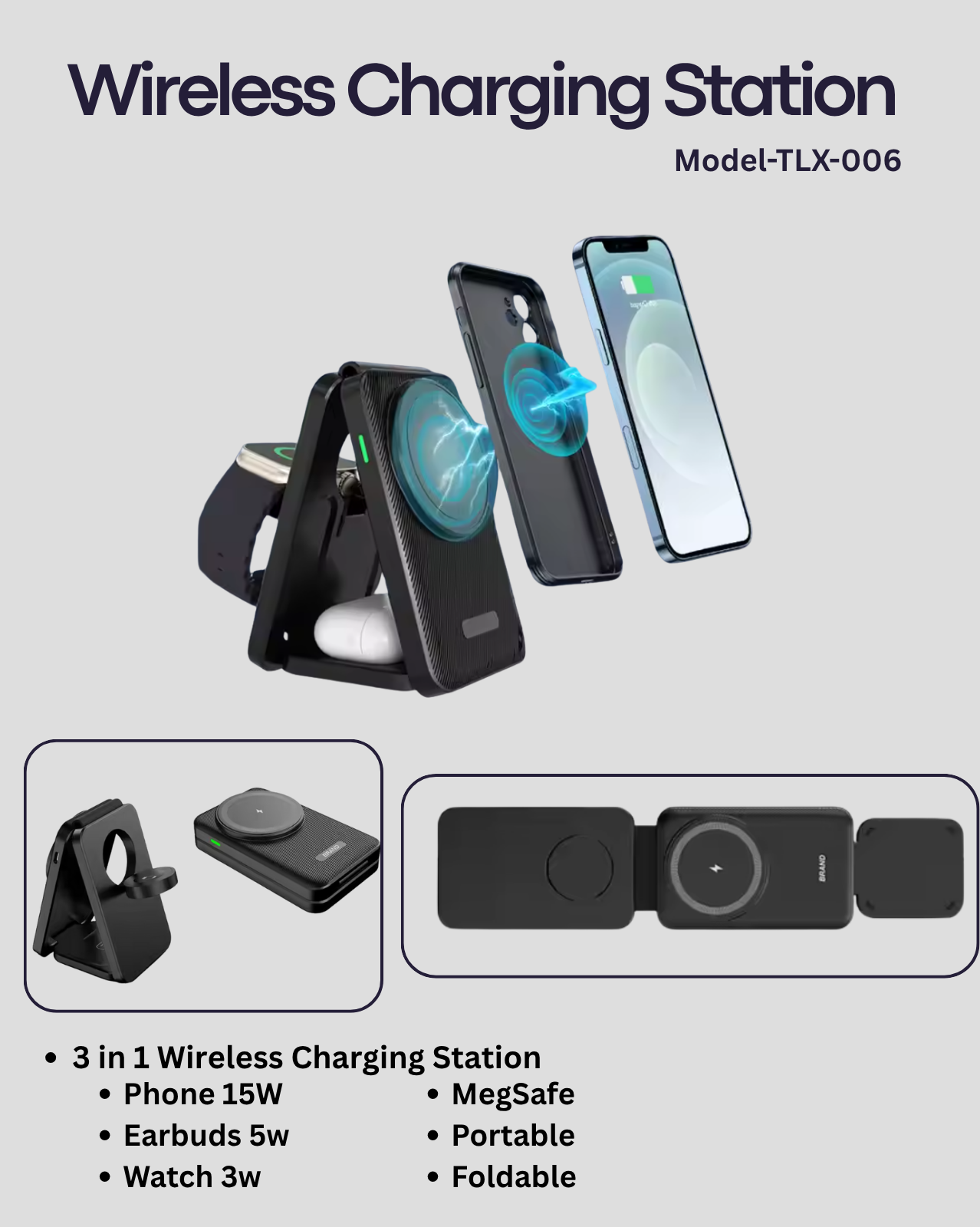 3 in 1 Wireless Charging Station For Mobile Phone , Earbuds , Smart Watch-Foldable Design TLX-006