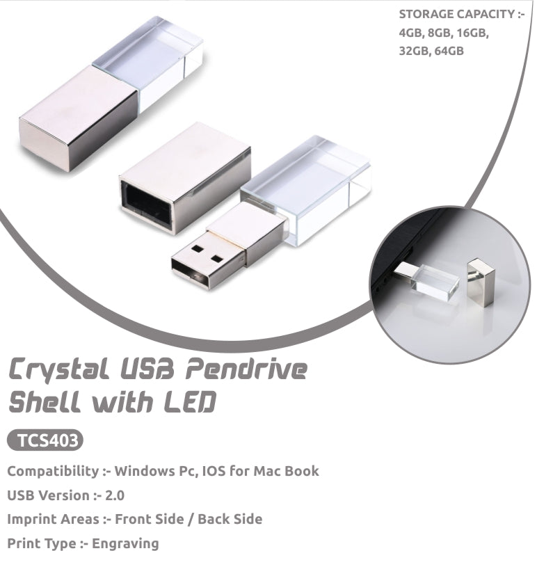 Crystal USB Pen Drive With LED Light 2.0 & 3.0