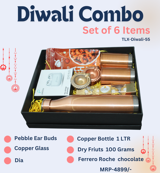 Premium Diwali Combo Set  Pack of 6 Item Pebble Earbuds , Copper Bottle Copper Glass , FERRERO ROCHER CHOCOLATE, Dia , Dry Fruits - TLX-Diwali-55